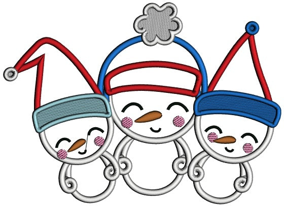 Three Snowmen Wearing Santa Hat Christmas Applique Machine Embroidery Design Digitized Pattern