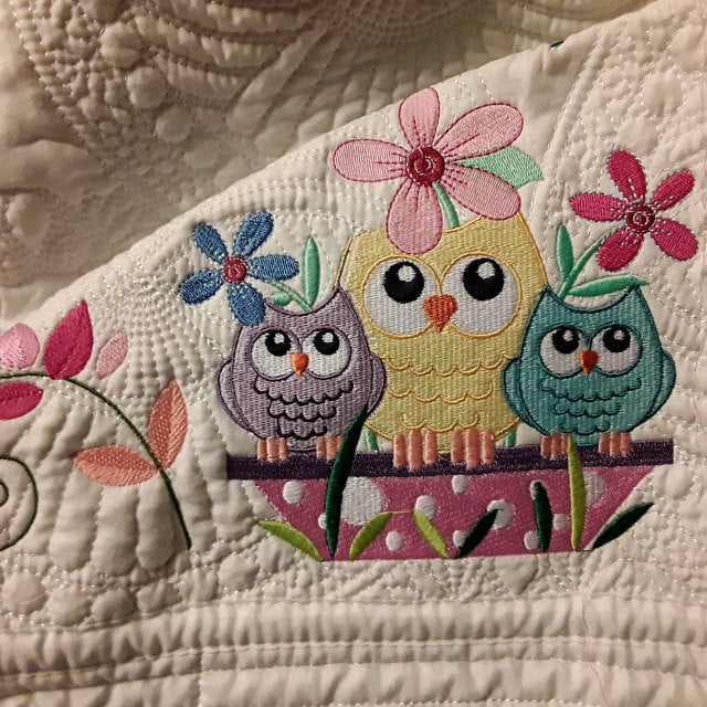 Three owls on a branch Filled Machine Embroidery Digitized Design Pattern
