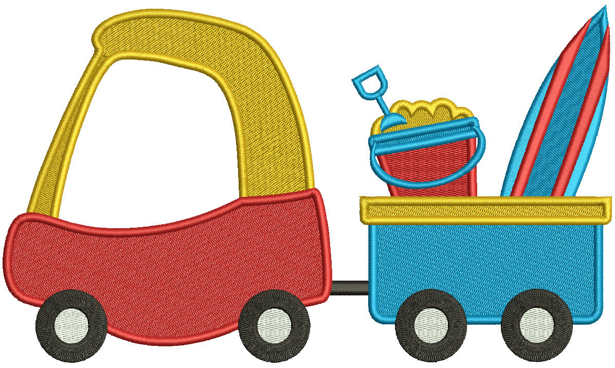 Toy Truck Pulling Wagon With Sand Bucket And Surfboard Summer Filled Machine Embroidery Design Digitized Pattern