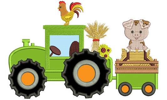 Tractor With a Piggy And Rooster Fall Applique Thanksgiving Machine Embroidery Design Digitized Pattern