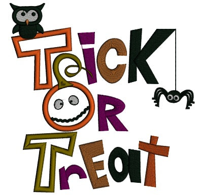 Trick or Treat Pumpking Owl and a Spider Halloween Applique Machine Embroidery Digitized Design Pattern