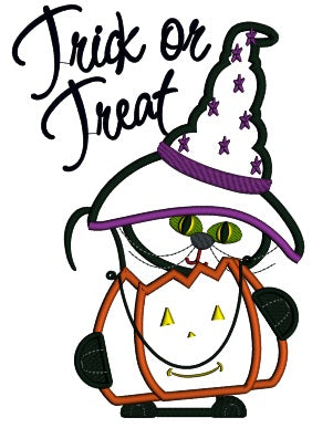 Trick or Treat Black Cat Wearing Witch Hat Holding Pumpkin Bag Halloween Applique Machine Embroidery Digitized Design Pattern