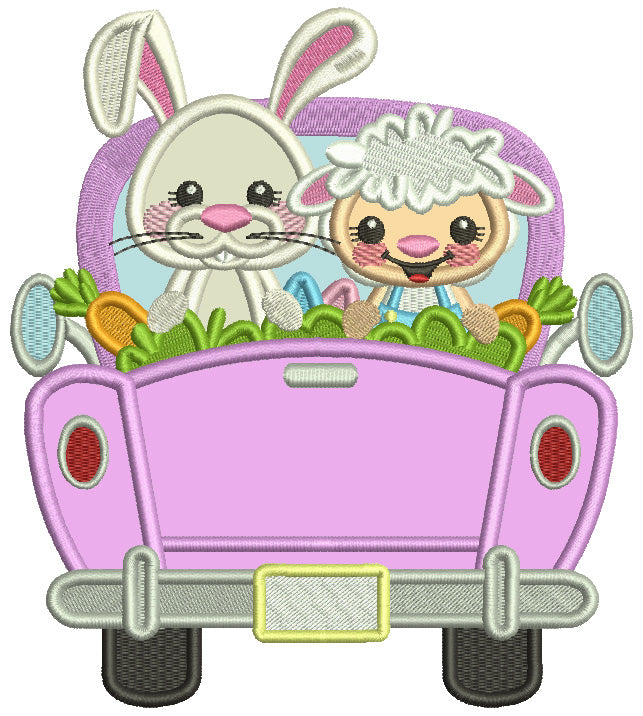 Truck With Bunny And a Sheep Easter Applique Machine Embroidery Design Digitized Pattern