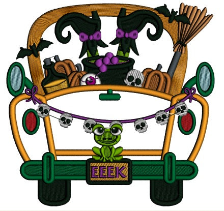 Truck With an Upside Down Witch Halloween Applique Machine Embroidery Design Digitized Pattern