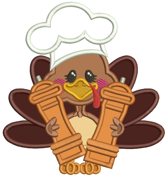 Turkey Cook Holding Salt And Pepper Shakers Thanksgiving Applique Machine Embroidery Design Digitized Pattern