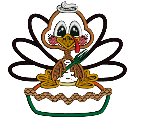 Turkey Eating Pumpkin Pie Thanksgiving Applique Machine Embroidery Design Digitized Pattern