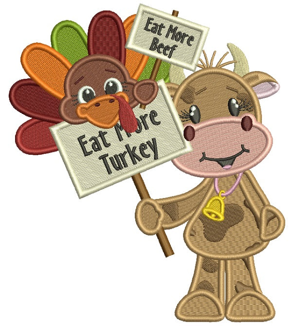 Turkey Holding Signs Eat More Beef While Cow Is Holding Sign Eat More Turkey Thanksgiving Filled Machine Embroidery Design Digitized Pattern