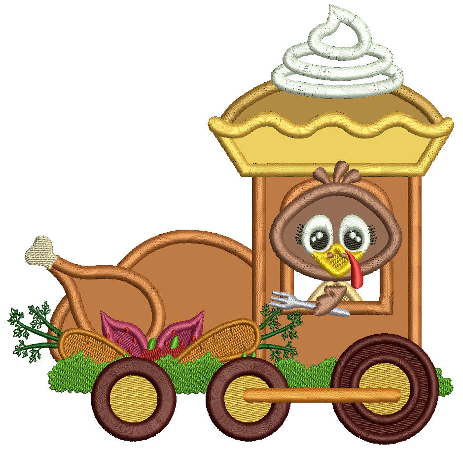 Turkey Holding a Fork Riding Thanksgiving Train Applique Machine Embroidery Design Digitized Pattern