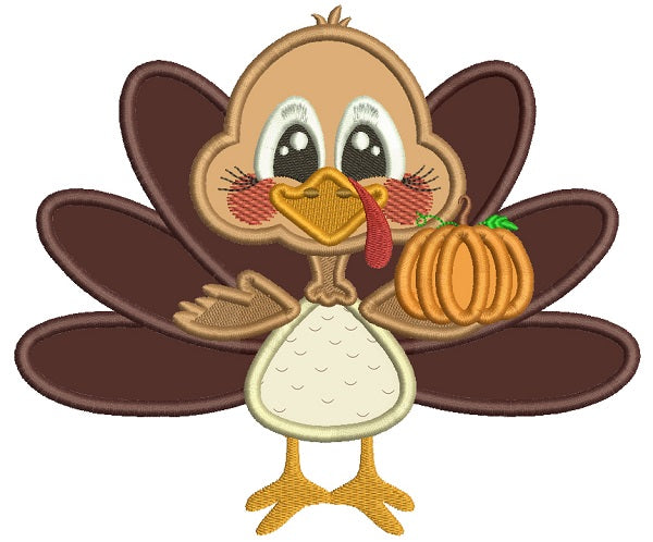 Turkey Holding a Pumpkin Applique Machine Embroidery Design Digitized Pattern