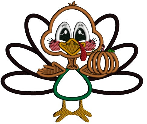 Turkey Holding a Pumpkin Applique Machine Embroidery Design Digitized Pattern