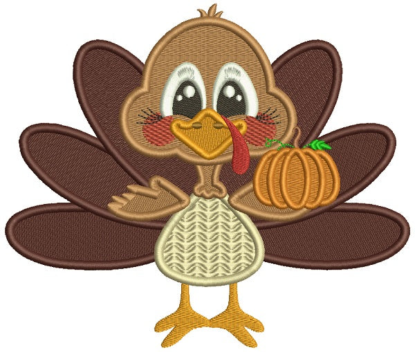 Turkey Holding a Pumpkin Filled Machine Embroidery Design Digitized Pattern
