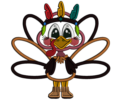Turkey Indian With Colorful Feathers Thanksgiving Applique Machine Embroidery Design Digitized Pattern