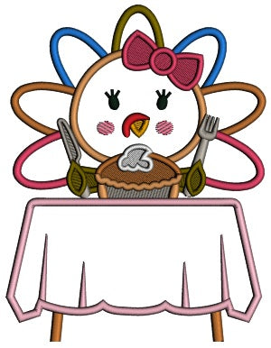 Turkey Sitting At The Table Eating Pumpkin Pie Thanksgiving Applique Machine Embroidery Design Digitized Pattern