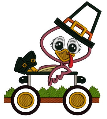 Turkey Sitting in A Wagon Thanksgiving Applique Machine Embroidery Design Digitized Pattern