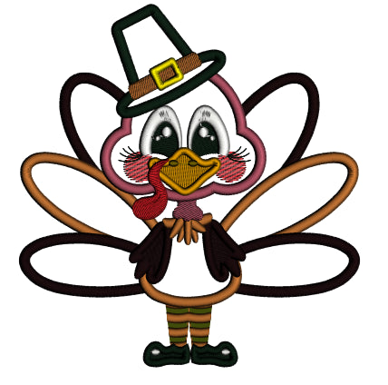 Turkey Wearing a Big Hat Thanksgiving Applique Machine Embroidery Design Digitized Pattern