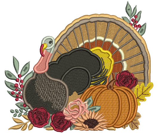 Turkey With Flowers And Pumpkin Thanksgiving Filled Machine Embroidery Design Digitized Pattern