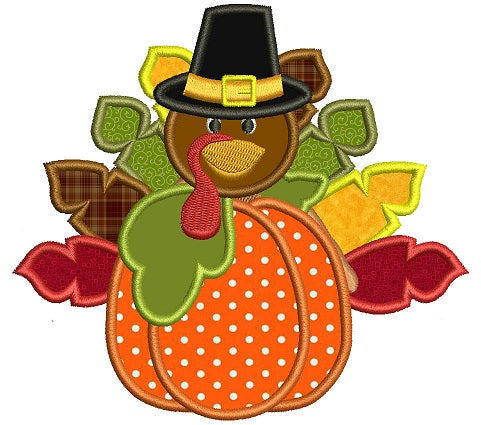 Turkey With a Hat on a Pumpkin Thanksgiving Applique Machine Embroidery Digitized Design Pattern