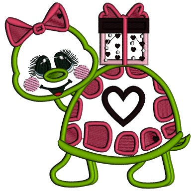 Turtle With a Heart And Presents Valentine's Day Applique Machine Embroidery Design Digitized Pattern