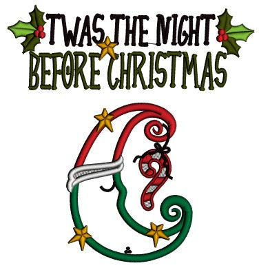 Twas The Night Before Christmas Moon With Candy Cane Christmas Applique Machine Embroidery Design Digitized Pattern