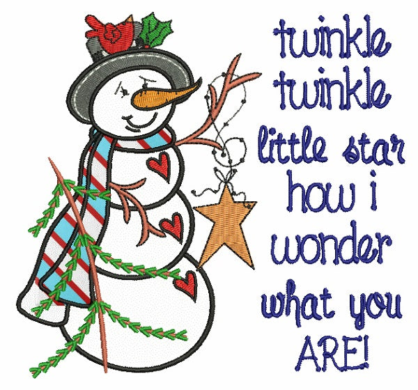 Twinkle Twinkle Little Star How I Wonder What You Are Snowman Christmas Applique Machine Embroidery Design Digitized Pattern