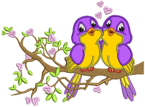 Two Birds In Love Sitting On A Branch With Hearts Applique Machine Embroidery Design Digitized Pattern