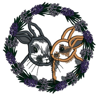 Two Bunnies Wreath Easter Applique Machine Embroidery Design Digitized Pattern