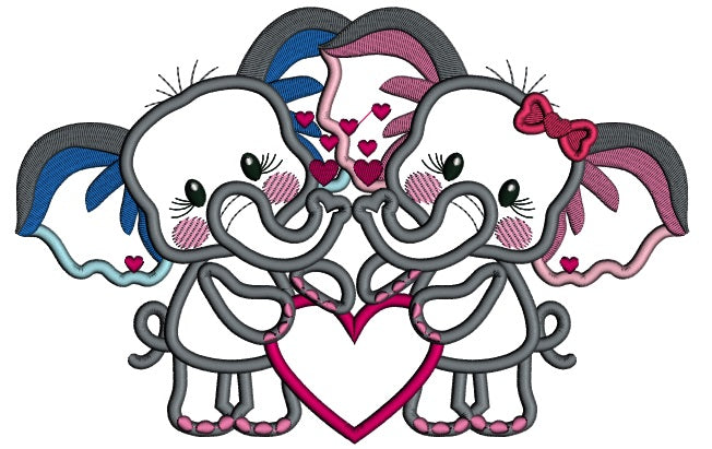 Two Cute Baby Elephants Holding a Hearts Applique Valentine's Day Machine Embroidery Design Digitized Pattern
