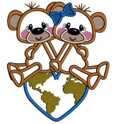 Two Cute Bears Sitting On Top Of The World Applique Machine Embroidery Design Digitized Pattern