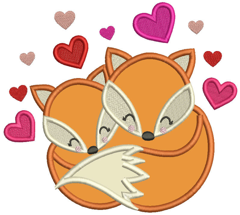 Two Foxes And Hearts Valentine's Day Applique Machine Embroidery Design Digitized Pattern