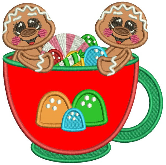 Two Gingerbread Men Sitting Inside a Cup Filled With Candy Christmas Applique Machine Embroidery Design Digitized Pattern