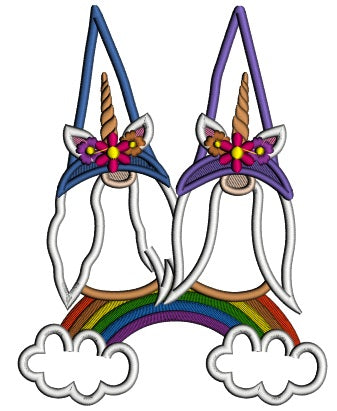 Two Gnomes Sitting On The Rainbow Applique Machine Embroidery Design Digitized Pattern