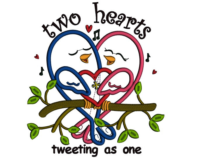 Two Hearts Tweeting As One Without Bee Applique Machine Embroidery Design Digitized Pattern