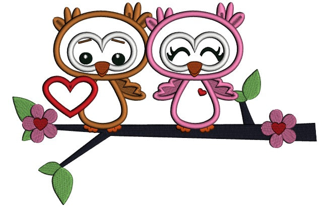 Two Owls In Love Sitting On The Branch Applique Machine Embroidery Design Digitized Pattern