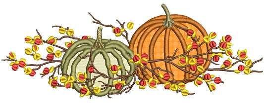 Two Pumpkins And Tree Branches Fall Applique Machine Embroidery Design Digitized Pattern