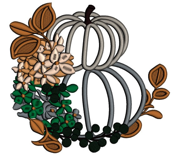 Two Pumpkins Leaves And Flowers Halloween Applique Machine Embroidery Design Digitized Pattern