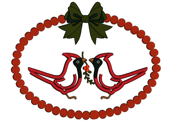 Two Red Robins Holding a Branch Christmas Applique Machine Embroidery Design Digitized Pattern