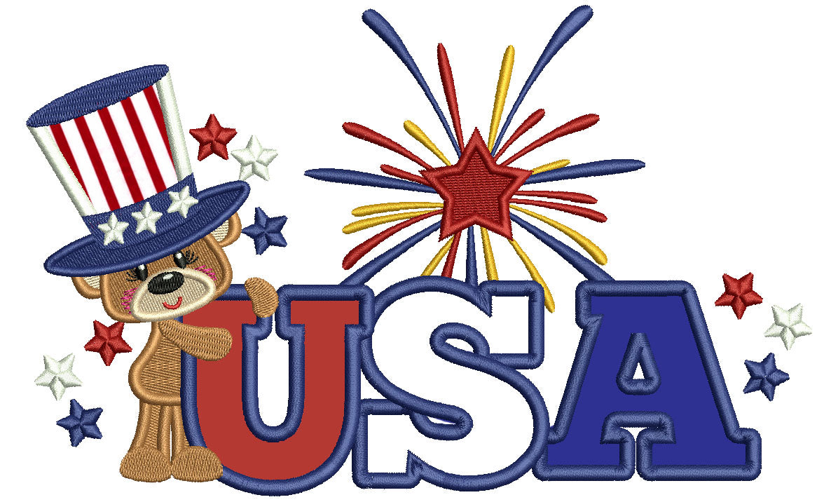 USA Little Bear Wearing a Big American Hat Patriotic Applique Machine Embroidery Design Digitized Pattern