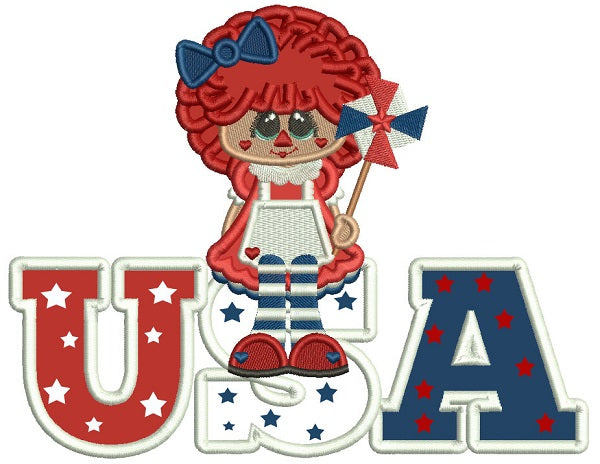 USA Little Girl With a Bow Patriotic Applique Machine Embroidery Digitized Design Pattern