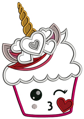 Unicorn Cupcake With Hearts Valentine's Day Applique Machine Embroidery Design Digitized Pattern