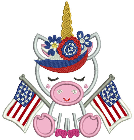 Unicorn Holding American Flags Applique Machine Embroidery Design Digitized Pattern