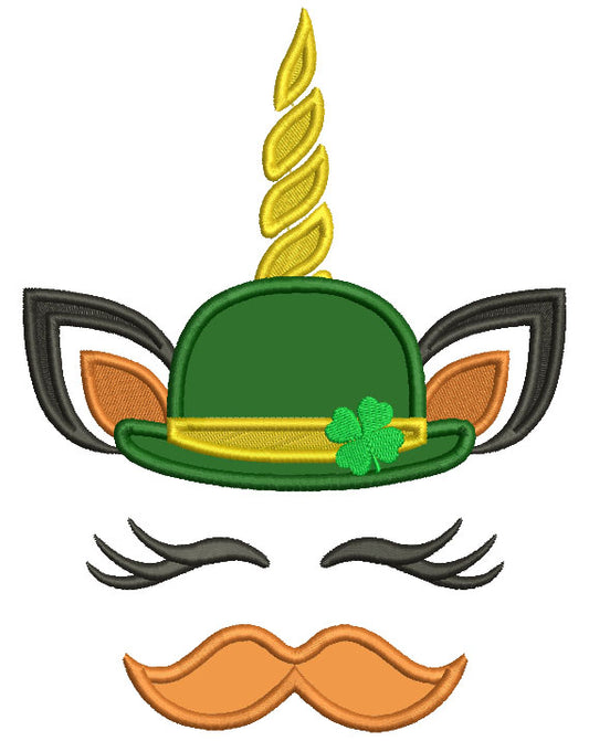 Unicorn With Mustache Wearing Irish Hat Applique St. Patrick's Day Machine Embroidery Design Digitized Pattern