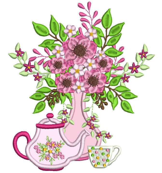 Vase With Flowers With Tea Kettle And Tea Cup Applique Machine Embroidery Design Digitized Pattern
