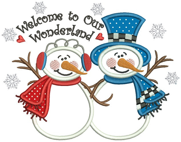 Welcome to Our Wonderland Snowman With Snowflakes Christmas Applique Machine Embroidery Digitized Design Pattern