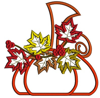 Whimsical Pumpkin With Leaves Fall Thanksgiving Applique Machine Embroidery Digitized Design Pattern