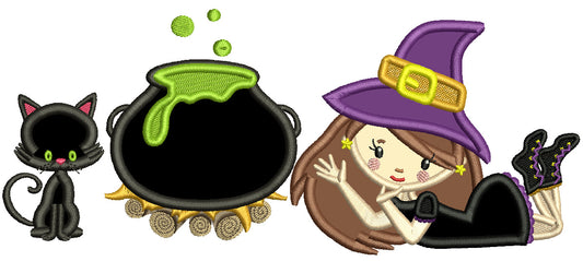 Witch Couldring And a Black Cat Halloween Applique Machine Embroidery Design Digitized Pattern