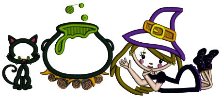 Witch Couldring And a Black Cat Halloween Applique Machine Embroidery Design Digitized Pattern