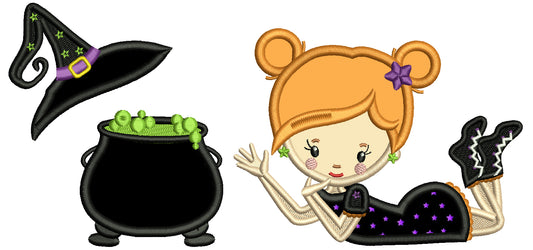 Witch Hat And Cauldron Halloween Applique Machine Embroidery Design Digitized Pattern