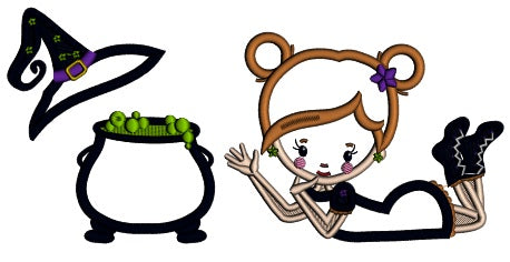 Witch Hat And Cauldron Halloween Applique Machine Embroidery Design Digitized Pattern