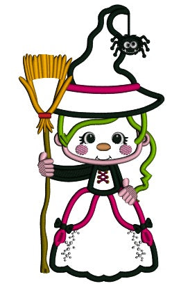 Witch Holding a Broom With a Spider On Her Hat Halloween Applique Machine Embroidery Design Digitized Pattern