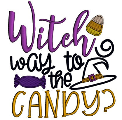 Witch Way Is The Candy Halloween Applique Machine Embroidery Design Digitized Pattern